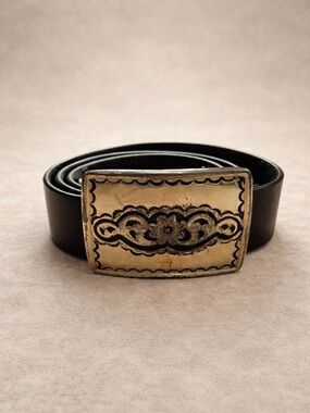 Vintage Silpada Black Leather Statement Belt Silver Square Buckle